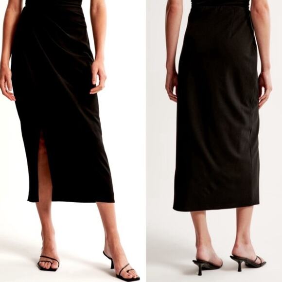 Abercrombie & Fitch Midi Skirt Black Ruched Side Slit Going Out Formal Party M - Picture 1 of 15